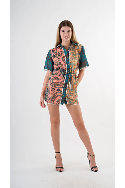 hazelin Πράσινο κίτρινο πουκάμισο φόρεμα - Ζώνη με σχοινί, HZL24S-YY237