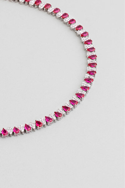 So CHIC... Yakut Gecesi 18 Ayar Beyaz Altın Kaplama 45 Cm Gümüş Gerdanlık