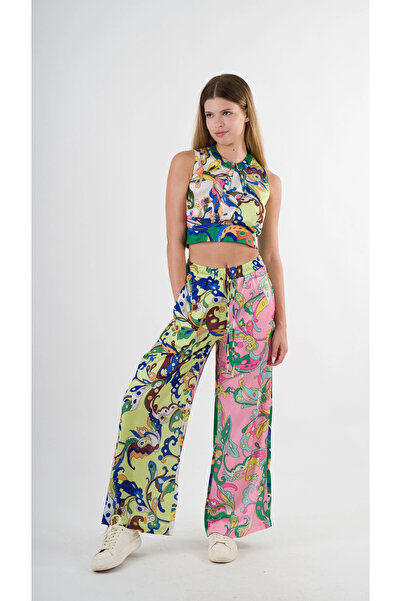 hazelin Green Pink Patterned Women's Blouse and Trousers Set - Hzl22S-Yy298