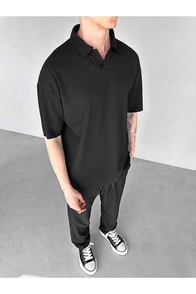 ablukaonline Μαύρο ανδρικό μπλουζάκι Polo Neck Oversize με ραβδώσεις