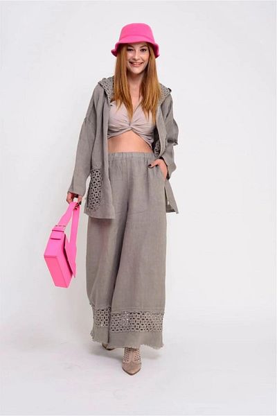 Bohem Stil ITALIAN FISTO DETAILED LINEN PANT HOODED JACKET SET