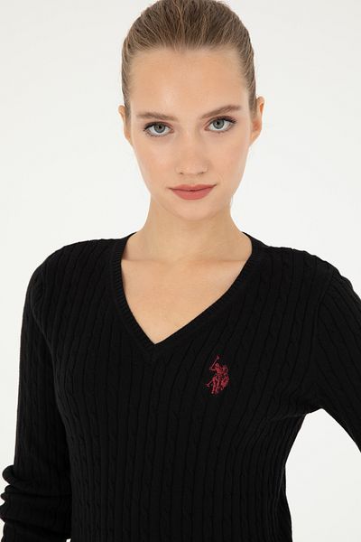U.S. Polo Assn. Pulover de bază negru cu decolteu în V de damă 50293561 -vr046