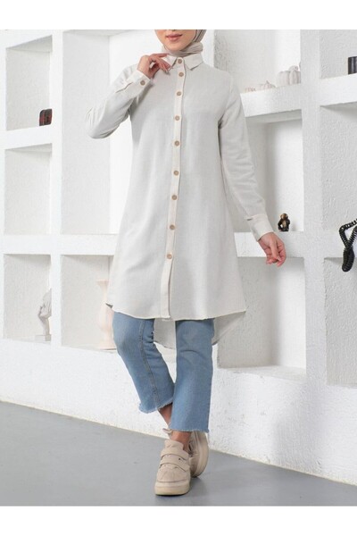 Genel Markalar Ahşap Düğmeli Düz Keten Tunik