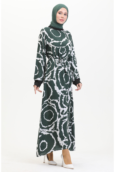 sefamerve Khaki White Viscose Dress - Rib Detailed and Belted 0447A-01