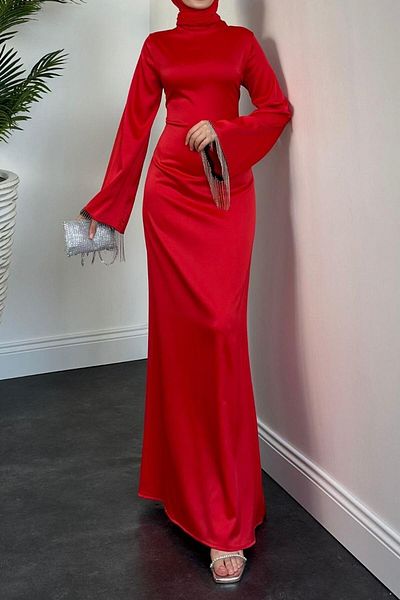 MERVEN AKYÜZ Red Spanish Sleeve Chain Detailed Pena Evening Dress