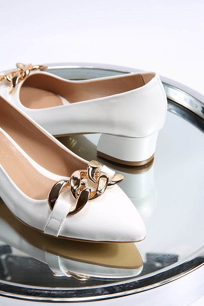 Ccway Women's Chain Casual Heeled Shoes White Skin