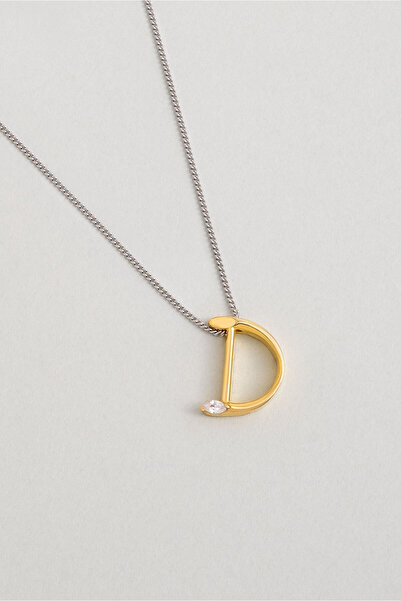 So CHIC... Asimetrik D Harfi 18 Ayar Beyaz ve Sarı Altın Kaplama 45 Cm Gümüş Harfli Kolye