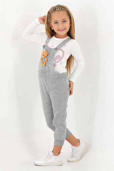 zepkids Hanging Strap Buttoned Gray Color Salopet with Teddy Bear on the Front