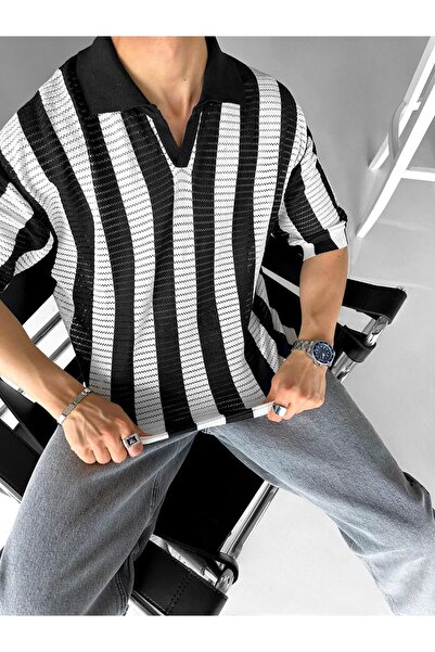 ablukaonline Black Men's Knitwear Oversize T-Shirt - Half Placket Collar, Mesh Detail