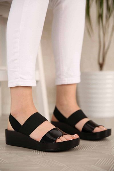 Ccway Black Patent Leather Women's Sandals - Elastic Design