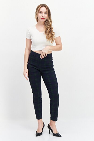 Tchibo Women Slim Fit Plaid Dress Pants, Green Combo