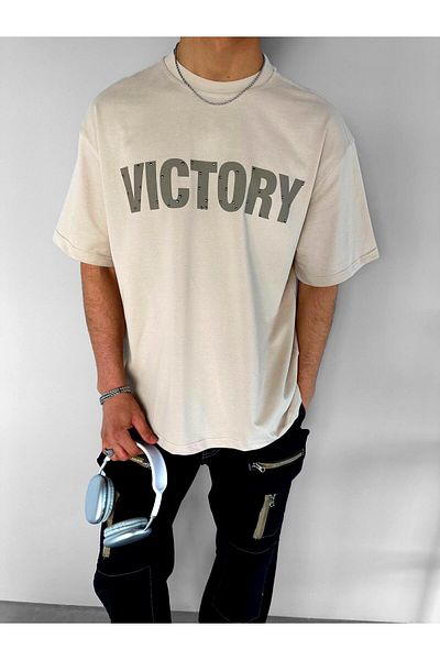 ablukaonline Μπεζ Χρώμα - Ανδρικό T-shirt 'Victory' Printed Stone