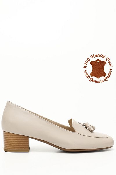 GÖNDERİ(R) Women's Beige Antique Blunt Toe Short Thick Heeled Genuine Leather Shoes