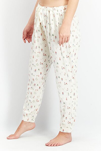 Tchibo Women Regular Fit Drawstring Allover Print Sleepwear Pants, Cream Combo