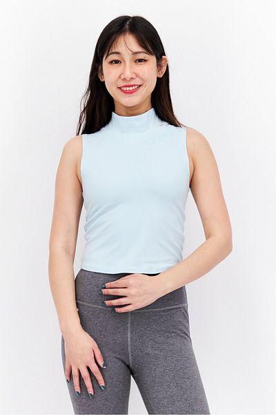 Tribe of 6 Women High Neck Sleeveless Embroidered Logo Tank Top, Light Blue