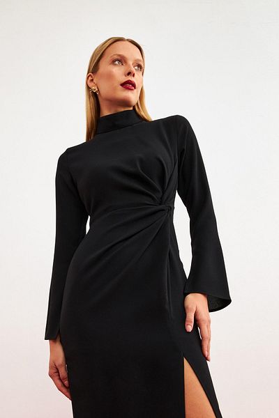 Setre Rochie midi neagră - mâneci și talie detaliată și despicată