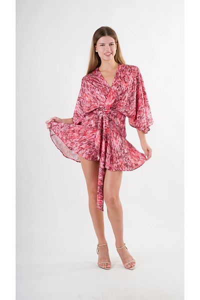 hazelin Red Patterned Satin V-Neck Mini Dress - Ring Detail and Belted Hzl24S-Yy230