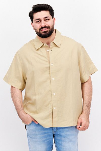 Esprit Men Pointed Collar Short Sleeve Plain Casual Shirt, Beige