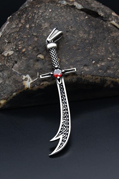 Prestige Kırmızı Zirkon Taşlı 925 Ayar Gümüş Kolye Ucu Hz. Ali ( Zülfikar Kıl...