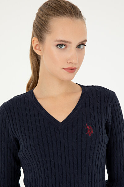U.S. Polo Assn. Pulover de bază pentru femei, albastru bleumarin, cu decolteu în V 50293561-VR033
