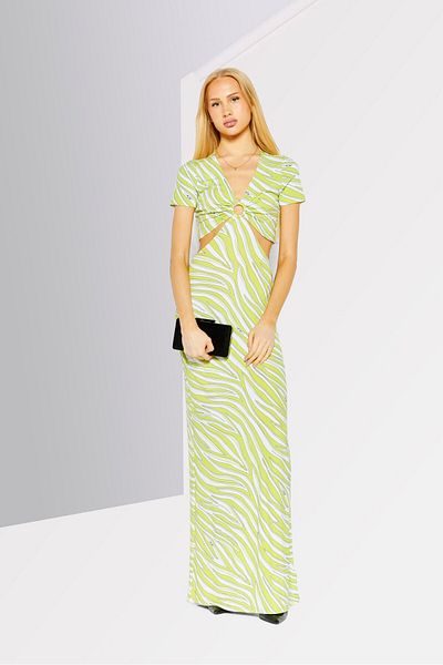 Michael Kors Women Allover Printed Cutout Detail Maxi Dress, Lime Green Combo