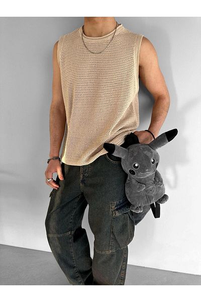 ablukaonline Ανδρικό πλεκτό μπλουζάκι σε μπεζ χρώμα Oversize Zero Sleeve