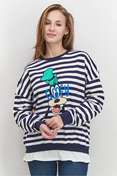 Don't Call Me Jennyfer Women Crew Neck Long Sleeves Stripe Graphic Sweatshirt, White and Navy