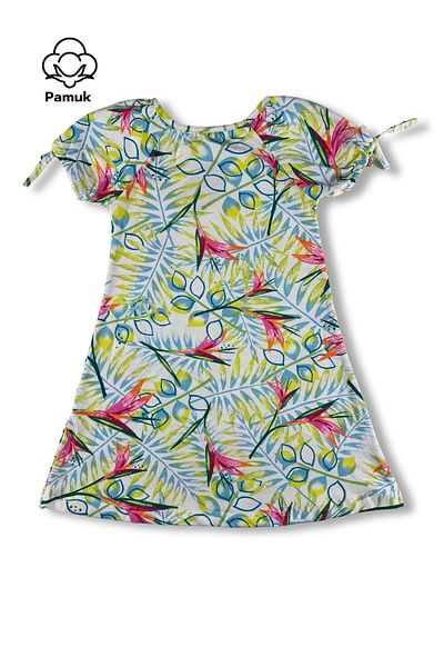 difa kids Leaf Patterned Girl's Summer Dress with Balloon Sleeves - Casual and Comfortable