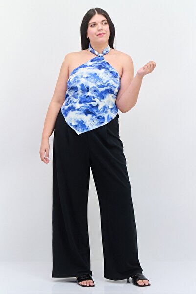 Royalty By Maluma Women Halter Neck Sleeveless Abstract Print Satin Top, Blue Combo