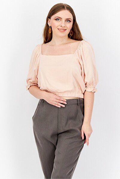 1 State Women Square Neck Puff Sleeve Solid Cropped Top, Peach