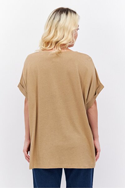 Tchibo Women Scoop Neck Short Sleeve Solid T Shirt, Brown