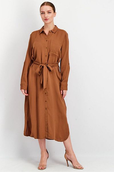 Tchibo Women Solid Long Sleeve Midi Dress, Brown