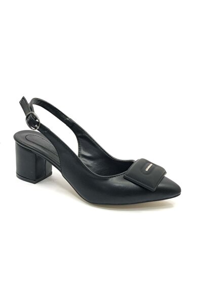KCMN Black Classic Women's Heeled Shoes - Feles Buckle Detail, Open Back