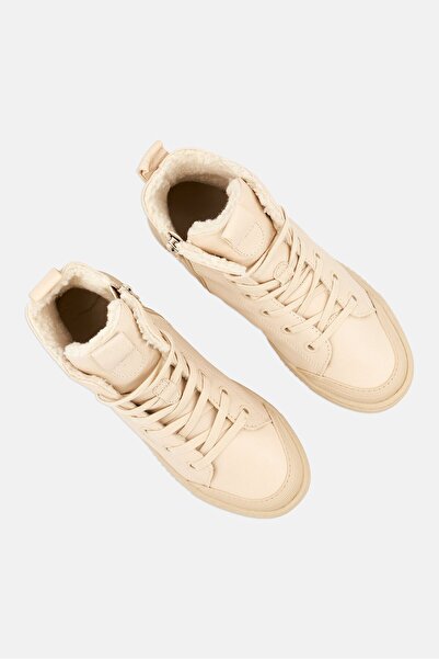 Tchibo Women Lace Up Lined Leather Sneakers, Beige