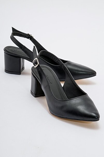 Ccway حذاء بكعب مفتوح من الخلف باللون الأسود الجلدي