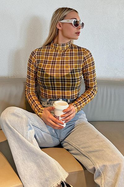 Swist Yellow Plaid Long Sleeve Tulle Transparent Women's Blouse