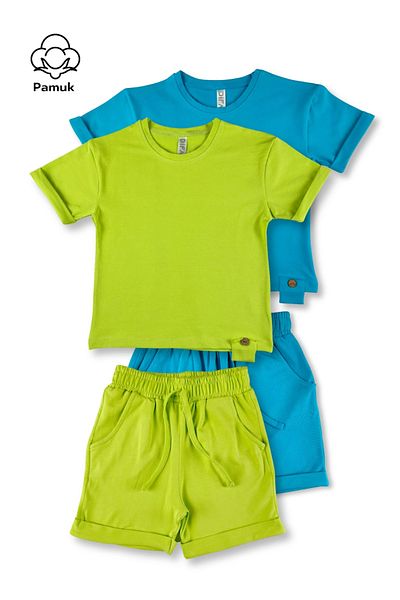 difa kids Set of Two Wooden Button Design Summer Blue Neon Yellow Girl Boy Unisex Bottom Top Set
