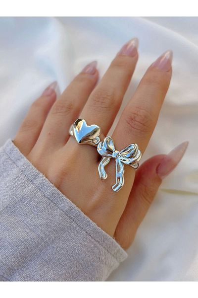 Eylülün Takısı Women's Silver Color Adjustable 2-Piece Bow Heart Ring