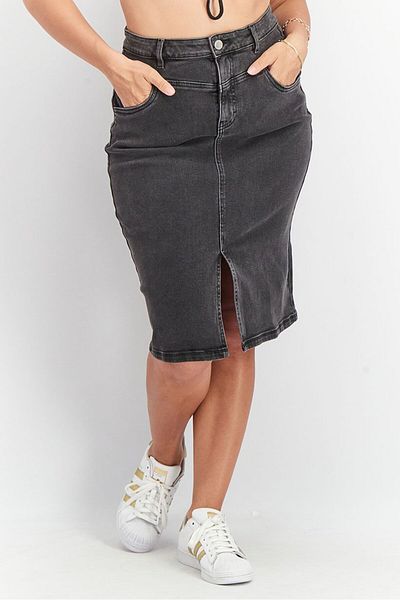 Tchibo Women Washed Front Slit Denim Midi Skirt, Black