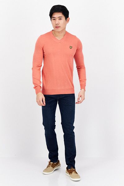 Lyle & Scott Men V-neck Embroidered Logo Long Sleeve Sweater, Coral