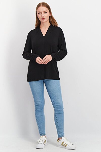 Tchibo Women V Neck Long Sleeve Solid T shirt, Black
