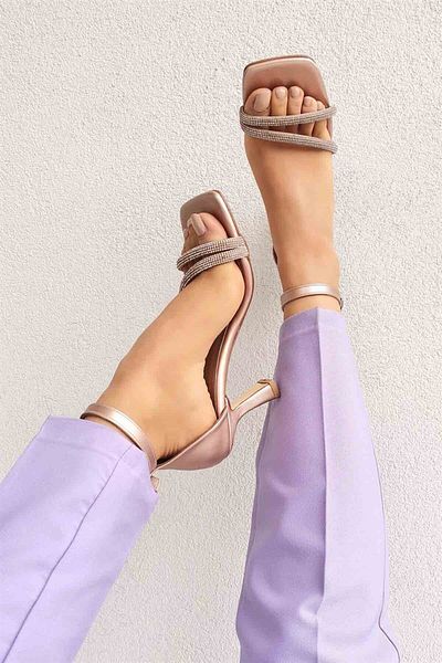 Parponi Octavia Open Front Closed Back Jewelled Heeled Leather Shoes Copper
