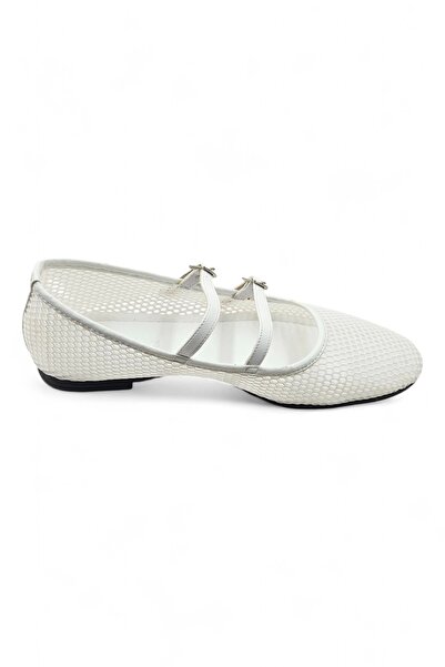 Melen Shoes Hive Beyaz Petek File Çift Tokalı Kadın Babet Ayakkabı