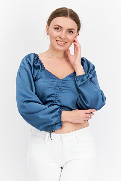 Hippie Rose Women V-Nek Long Sleeves Plain Top, Teal Blue