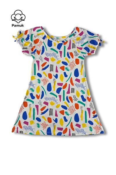 difa kids Colorful Patterned Girls' Summer Dress with Balloon Sleeves - Casual and Comfortable