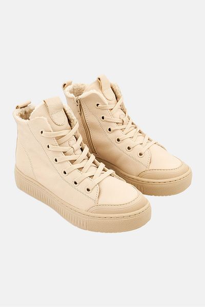 Tchibo Women Lace Up Lined Leather Sneakers, Beige