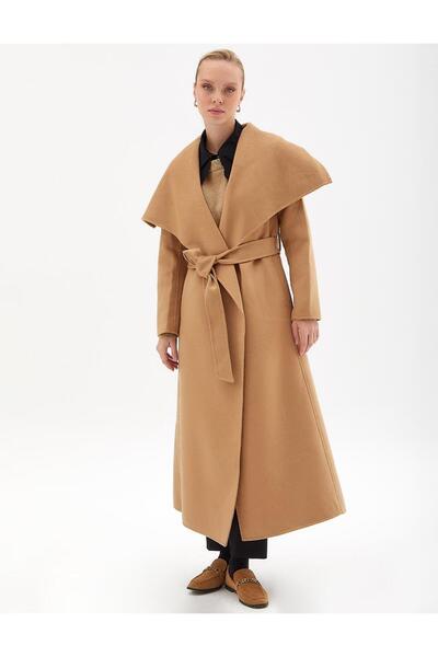 Kayra Premium Yün Geniş Klapalı Kaşe Kaban Camel