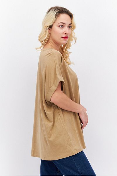 Tchibo Women Scoop Neck Short Sleeve Solid T Shirt, Brown