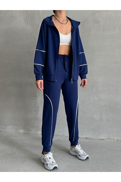 BEJNA Women's Navy Blue Modal Textured Soft Touch Set with Piping Detail