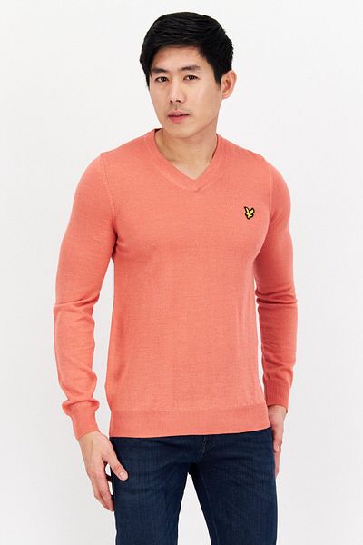 Lyle & Scott Men V-neck Embroidered Logo Long Sleeve Sweater, Coral